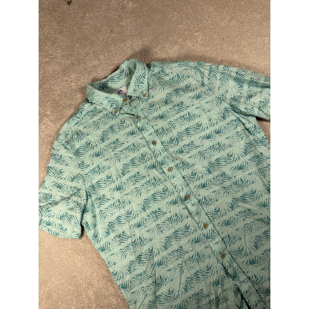 Southern‎ Tide Shirt Mens L Blue Green Linen Rayon Button Hawaiian Palm All Over